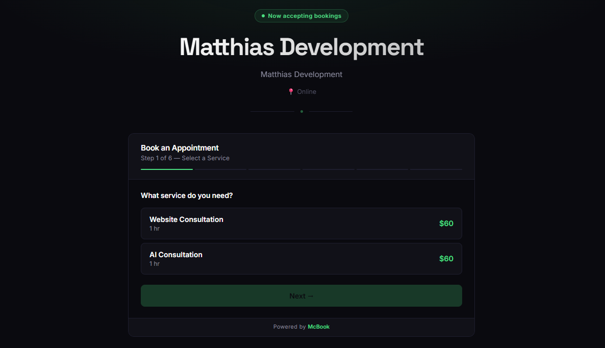 MCBook shareable booking page